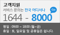 고객지원 서비스 문의는 전국 어디서나 1644-8000. 평일:9시부터18시(월~금)까지. 휴일:토,일요일 및 공휴일은 쉽니다.