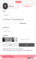 본인명의 휴대폰 인증으로 찾기 3단계 : PASS 인증서가 없는 경우 문자(SMS) 인증하기를 선택하여 인적사항 및 보안문자를 입력합니다.